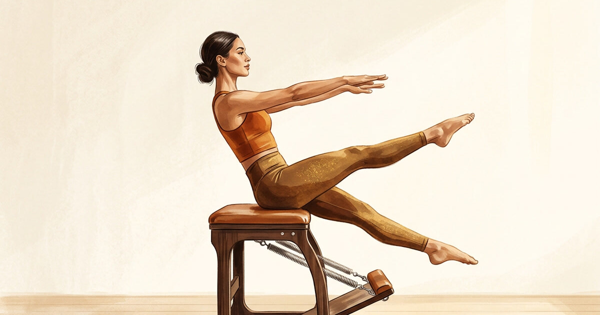 Illustration of a person on a pilates Wunda chair in a controlled balance stance, warm brown and gold palette.