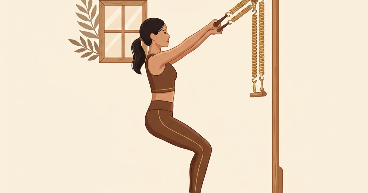 Illustration of a person on a pilates tower wall unit with springs attached to arms, warm brown and gold palette.